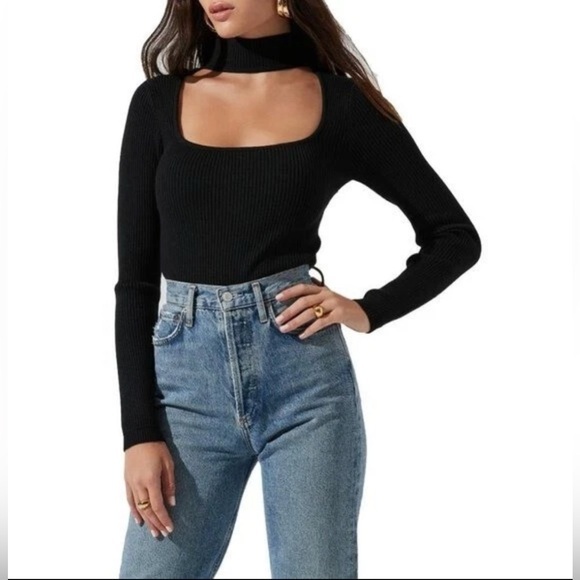 Astr The Label Cutout Mock Neck Long Sleeve Sweater Black Ribbed Size M - Picture 1 of 5